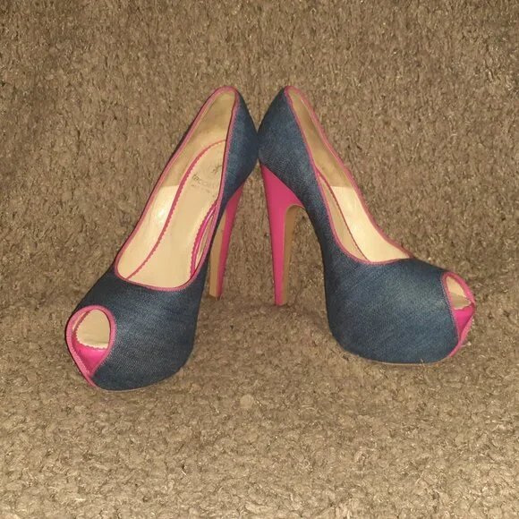 TACCETTI-Denim & Pink Patent-Peep Toe-Stiletto/Slim-Platform-Sz 37.5-Excellent - Picture 4 of 8